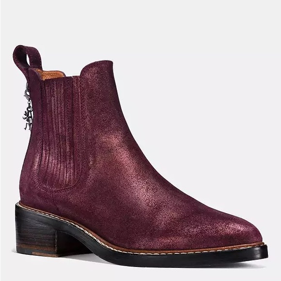 Coach Bowery Chelsea Boot Maroon Glitter Suede Western Leather Women’s Size 9.5 - Picture 1 of 13